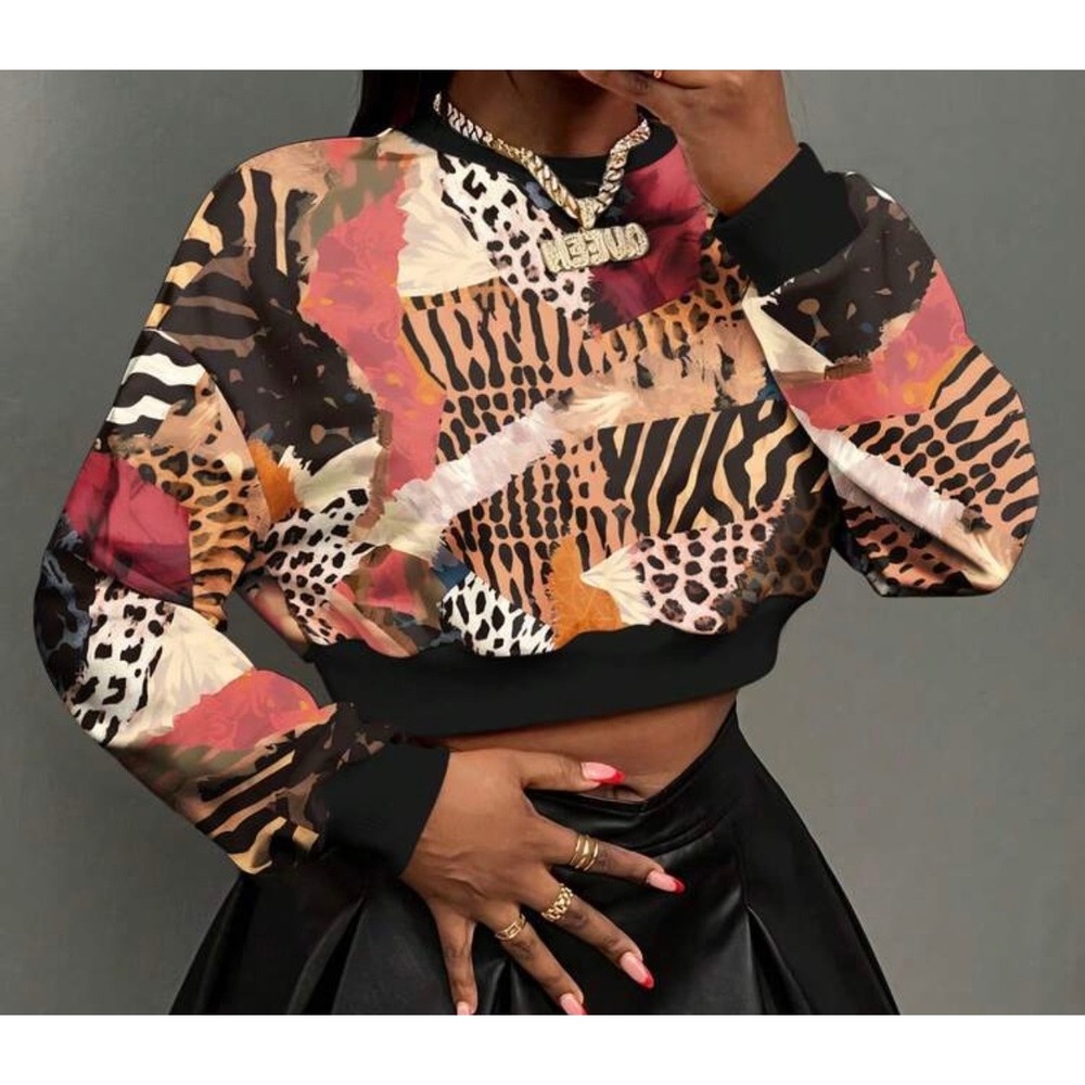 Women Mixed Animal Print Cropped Sweatshirt Leopard Zebra Patchwork Pullover